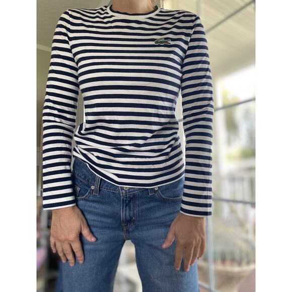 Lacoste Long Sleeve Black Striped T-Shirt Size 32 XS Small Logo Cotton - Picture 1 of 9